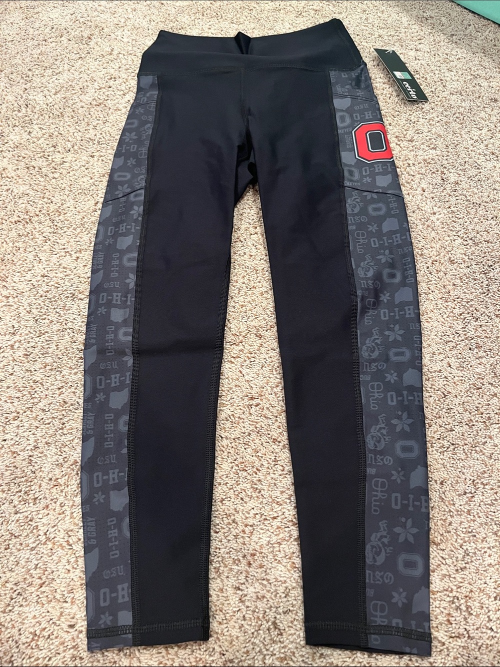 Women's Black Athletic Leggings with Gray Ohio State Side Panels and Red O Logo